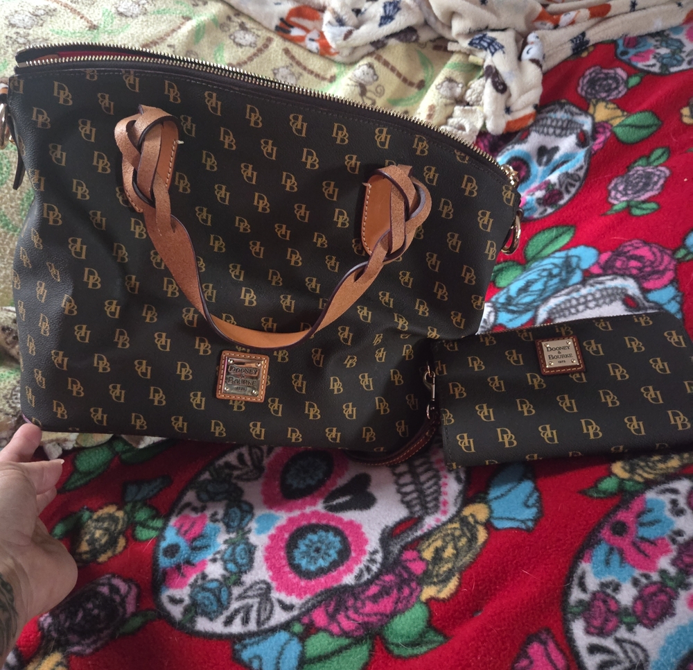 Dooney & Bourke Brown Logo Tote with Tan Leather Handles